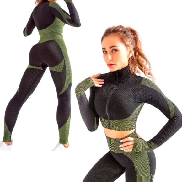 2pc Fitness Yoga Outfit Green and Black Sz Large - Picture 3 of 6